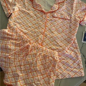 Roller Rabbit Pink & Orange Heart-Print Short Pajama Set with Contrast Piping
